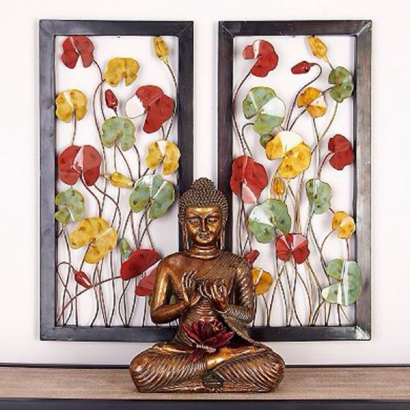 LITTON LANE Metal Red, Yellow and Green Poppy Flower Framed Wall Decor (Set of 2 - Picture 1 of 4